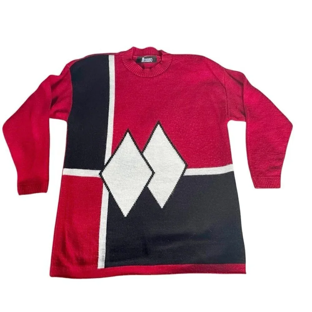 Vintage 90s Modiano Womans Sz M Red Black Colorblock Mock Neck Pullover Sweater - Picture 7 of 7